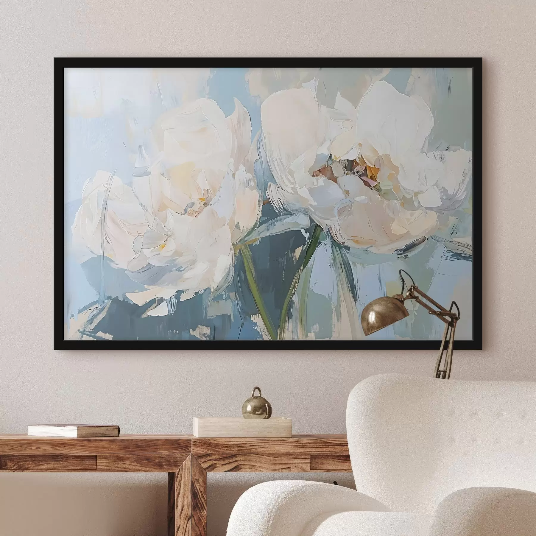Papier peint Peinture à l'huile abstraite minimaliste blanche imitant les pivoines sur un fond bleu doux f42226
