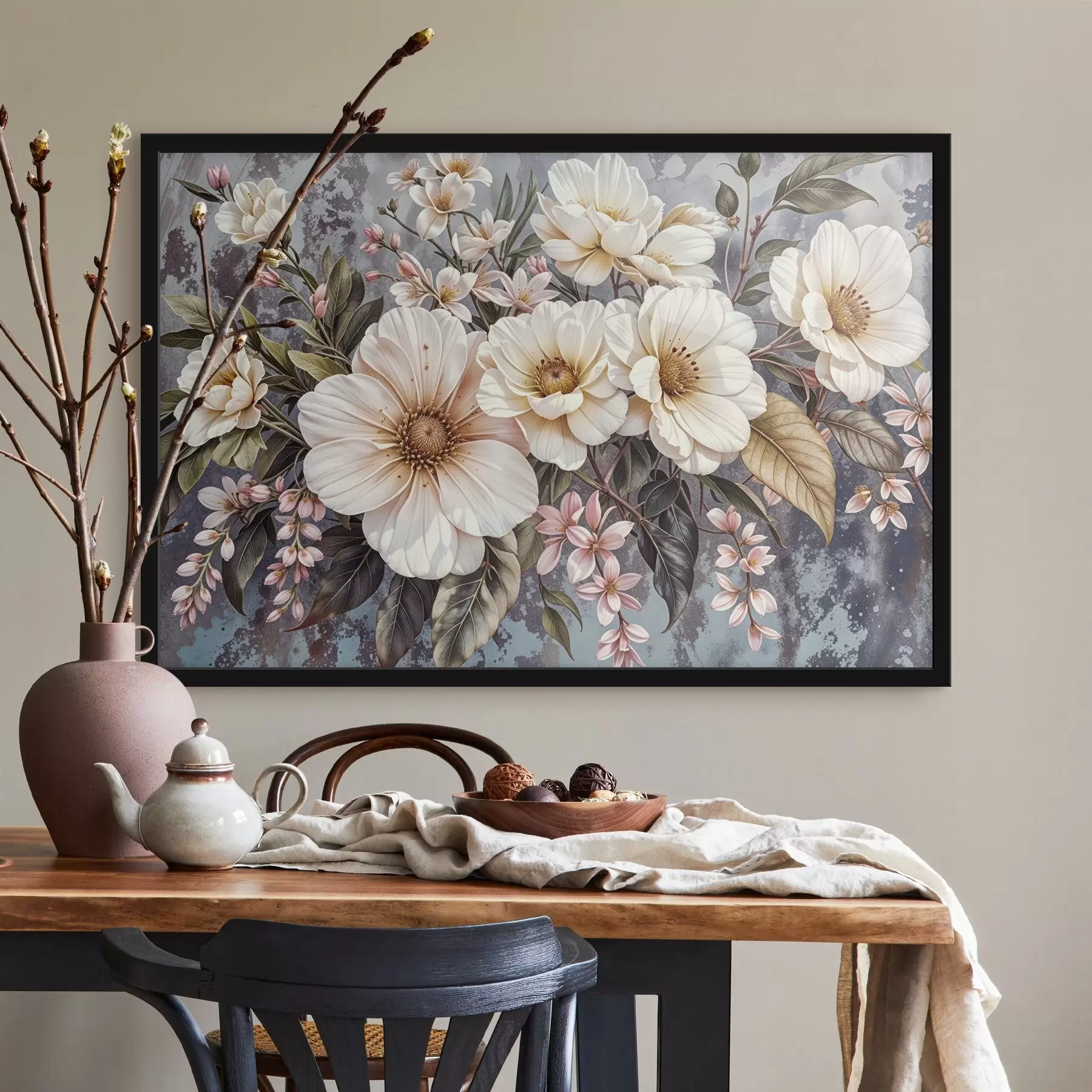 Papier peint Un bouquet vibrant de grandes fleurs de dahlia blanches et roses détaillées avec des feuilles vertes sur un fond sombre f42227