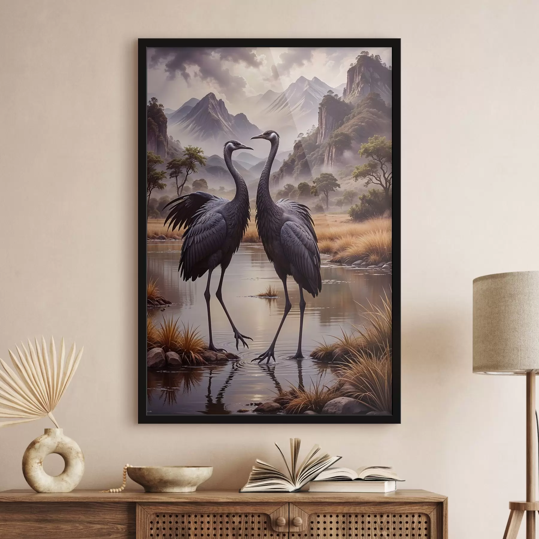 Papier peint Deux grandes grues noires se tenant dans un étang peu profond, avec un paysage montagneux en arrière-plan f42240
