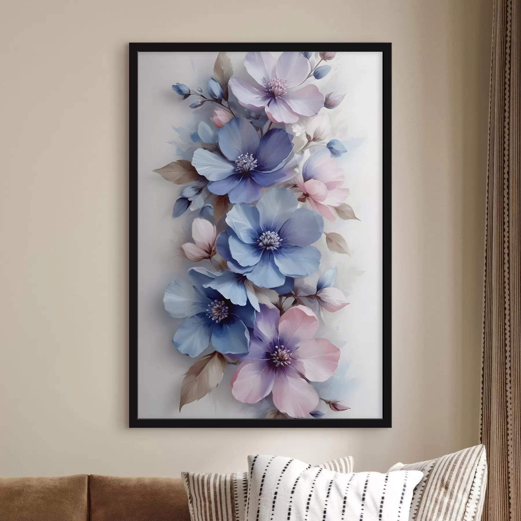 Papier peint Délicates fleurs bleues et roses aux pétales et aux centres doux, disposées dans un magnifique imprimé floral sur un fond clair f42241