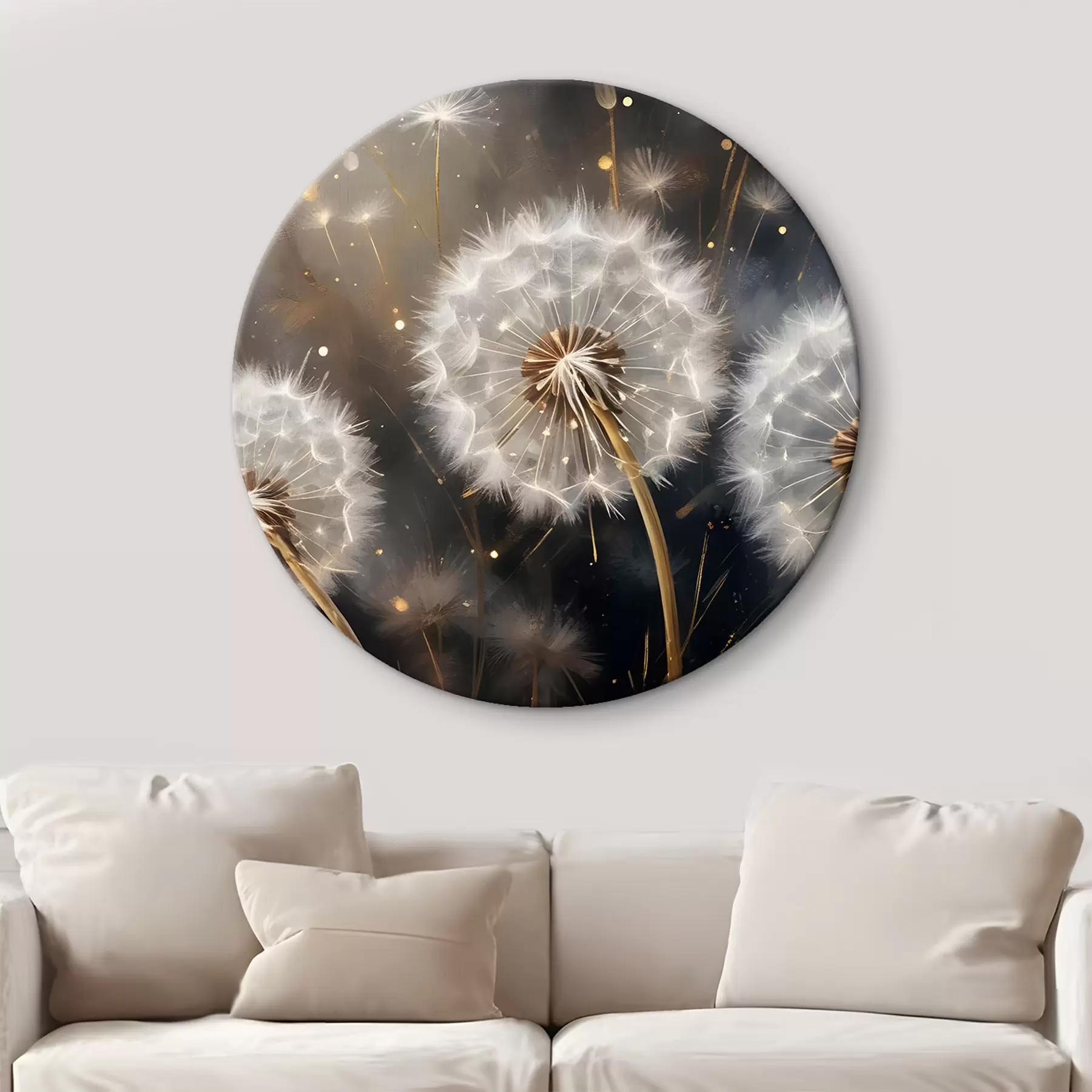 Tableau Fleurs de pissenlit avec leurs têtes de graines blanches et duveteuses sur un fond sombre, créant une atmosphère magique r42235
