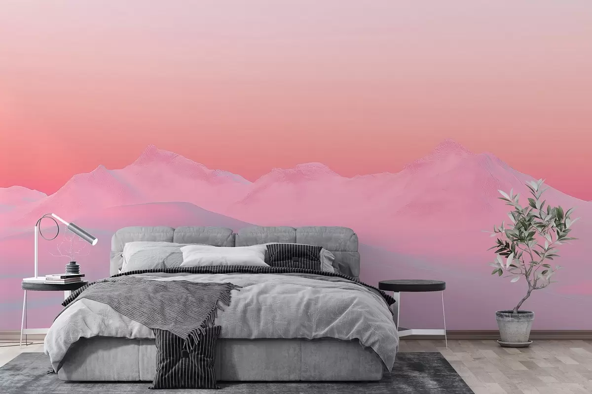 Papier peint Coucher de soleil doux et framboisé sur fond de montagnes et de ciel w02234