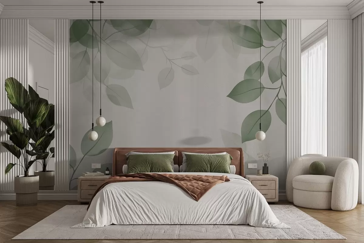 Papier peint Branches suspendues avec des feuilles dans les tons verts w08551v1