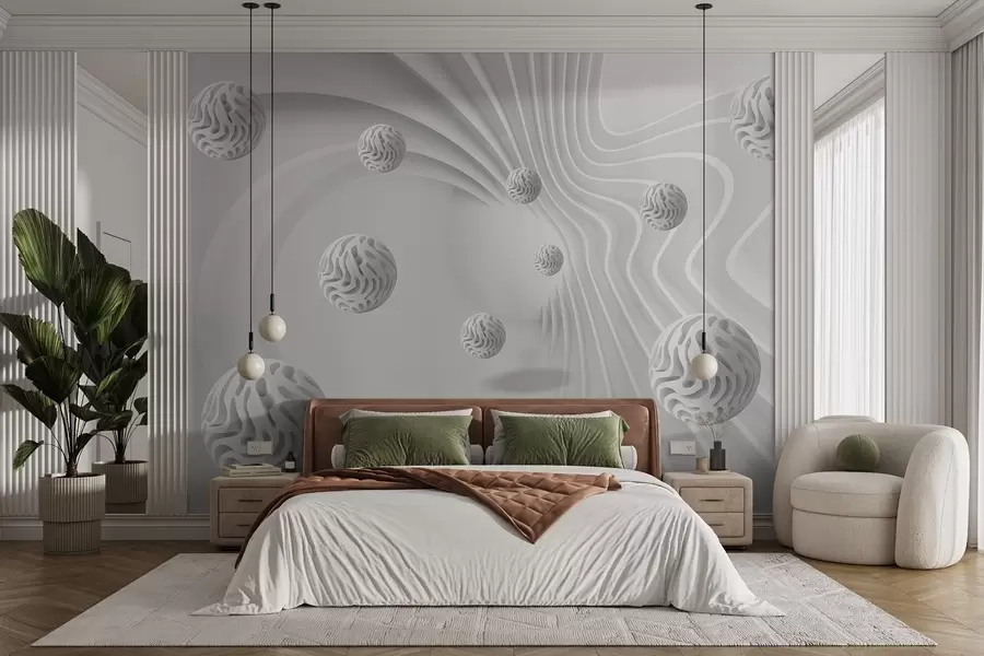 Papier peint abstraction grise en 3D avec sphères et effet de profondeur w08553