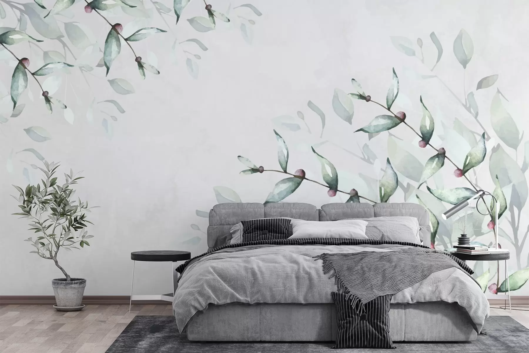 Papier peint brindilles avec feuilles vertes sur fond gris w02660