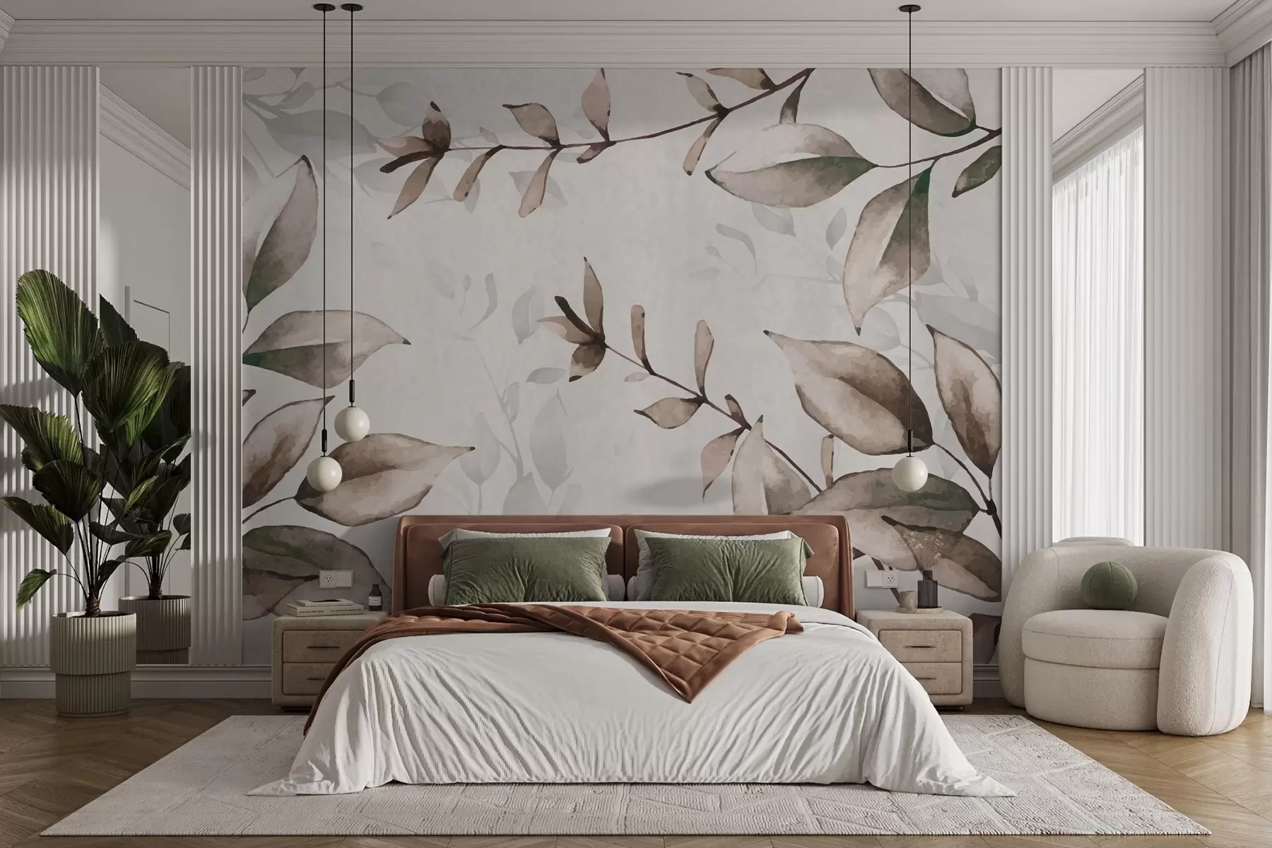 Papier peint gros rameaux avec des feuilles brunes w02661