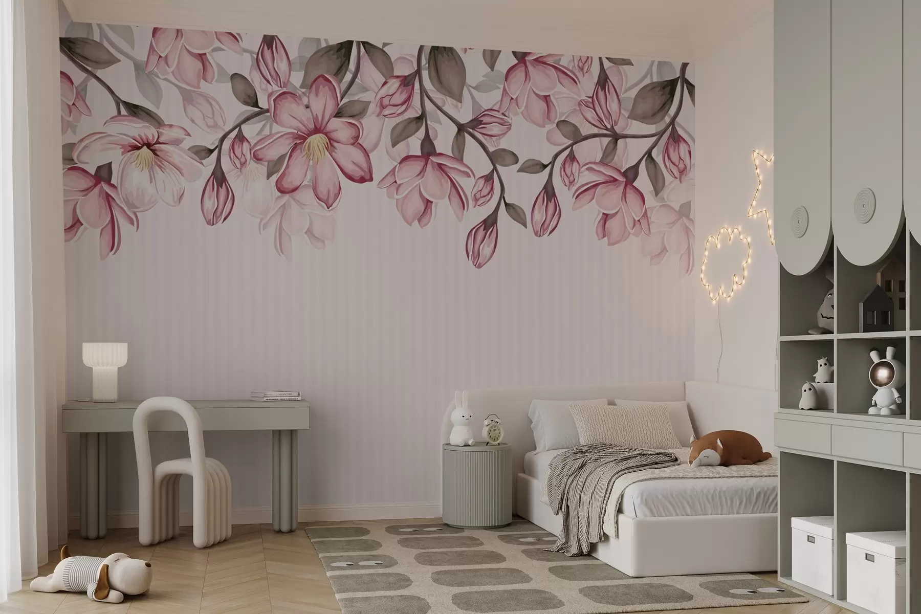 Papier peint fleurs roses sur fond rayé w02664