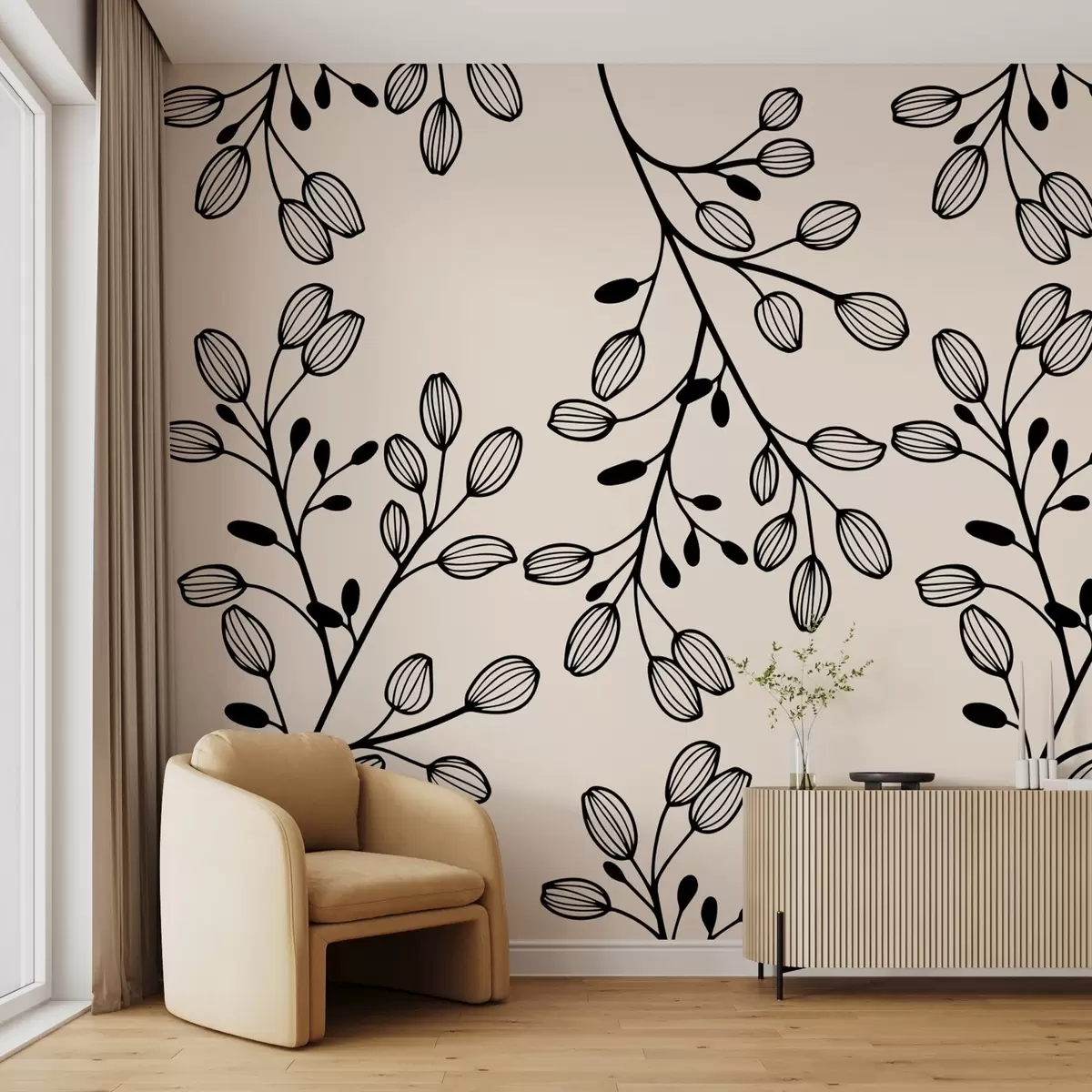 Papier peint brindilles peintes sur fond beige w02665