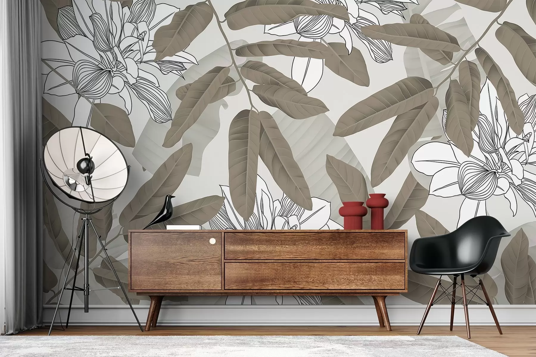 Papier peint feuilles brunes et fleurs peintes en blanc w02669