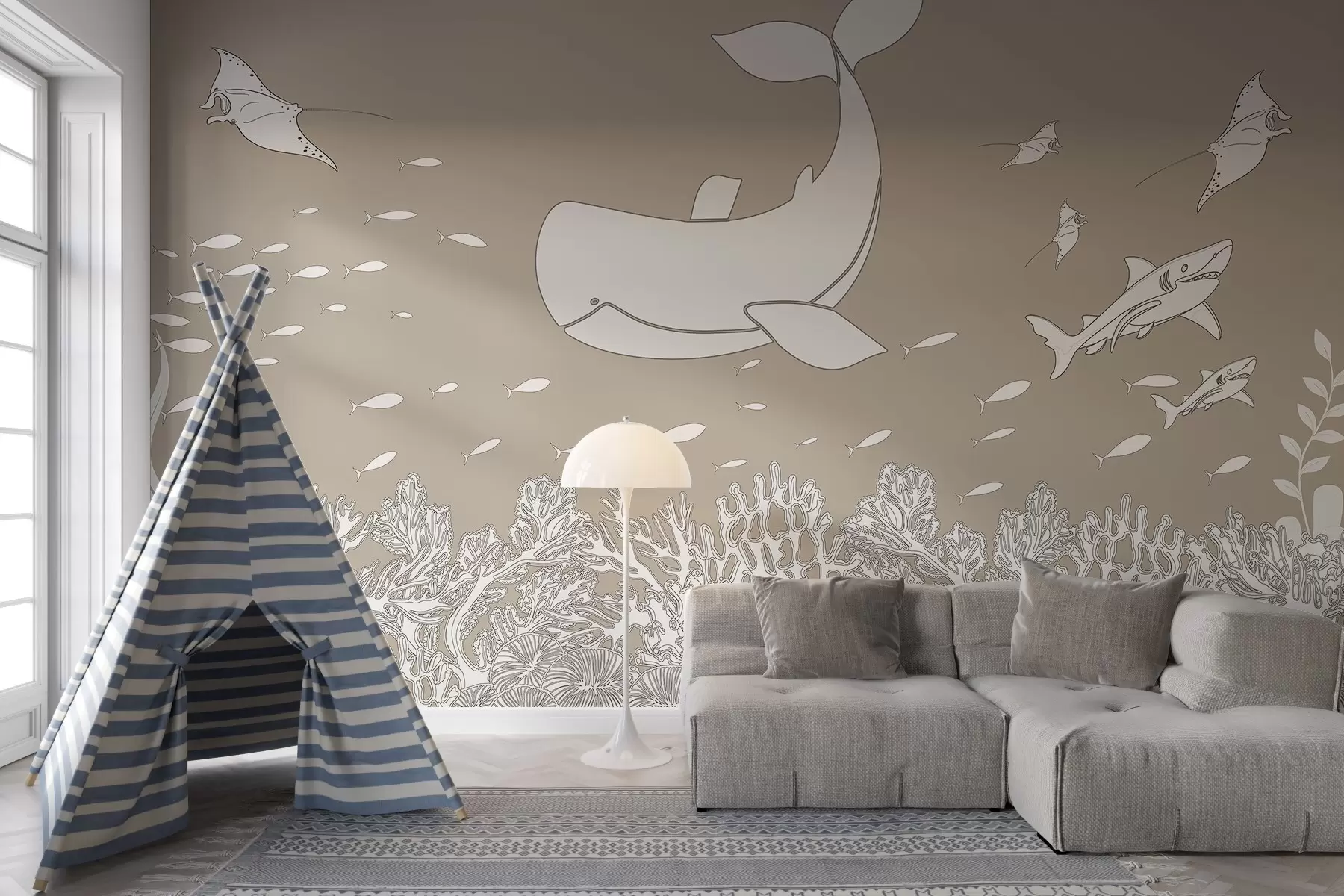 Papier peint Voyage avec la baleine, teinte beige w02645