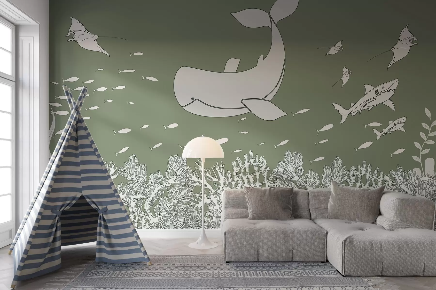 Papier peint Voyage avec la baleine, teinte verte w02645v2