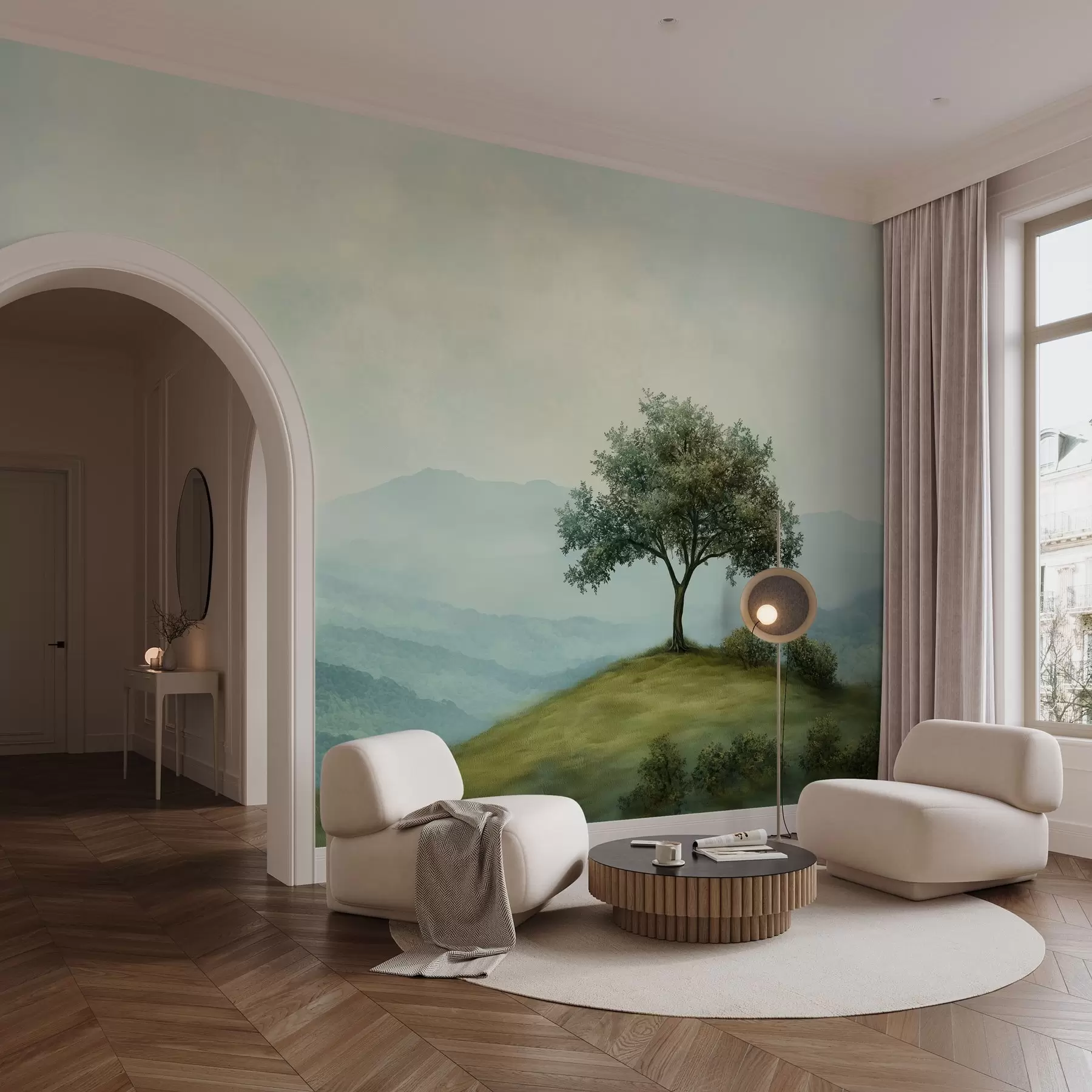 Papier peint panorama avec un arbre sur une colline w02683