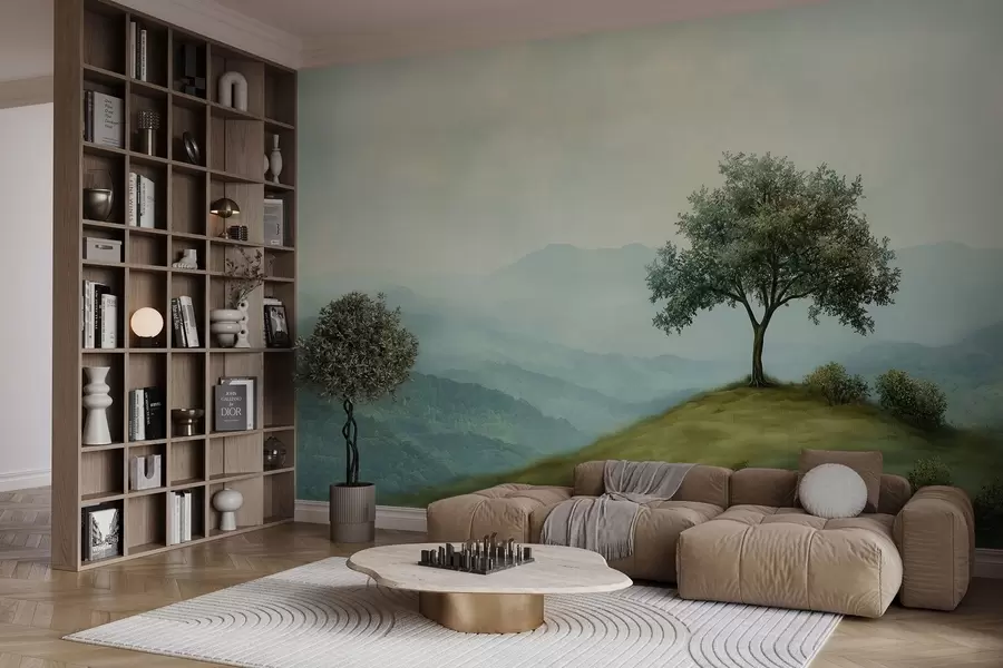 Papier peint panorama avec un arbre sur une colline w02683