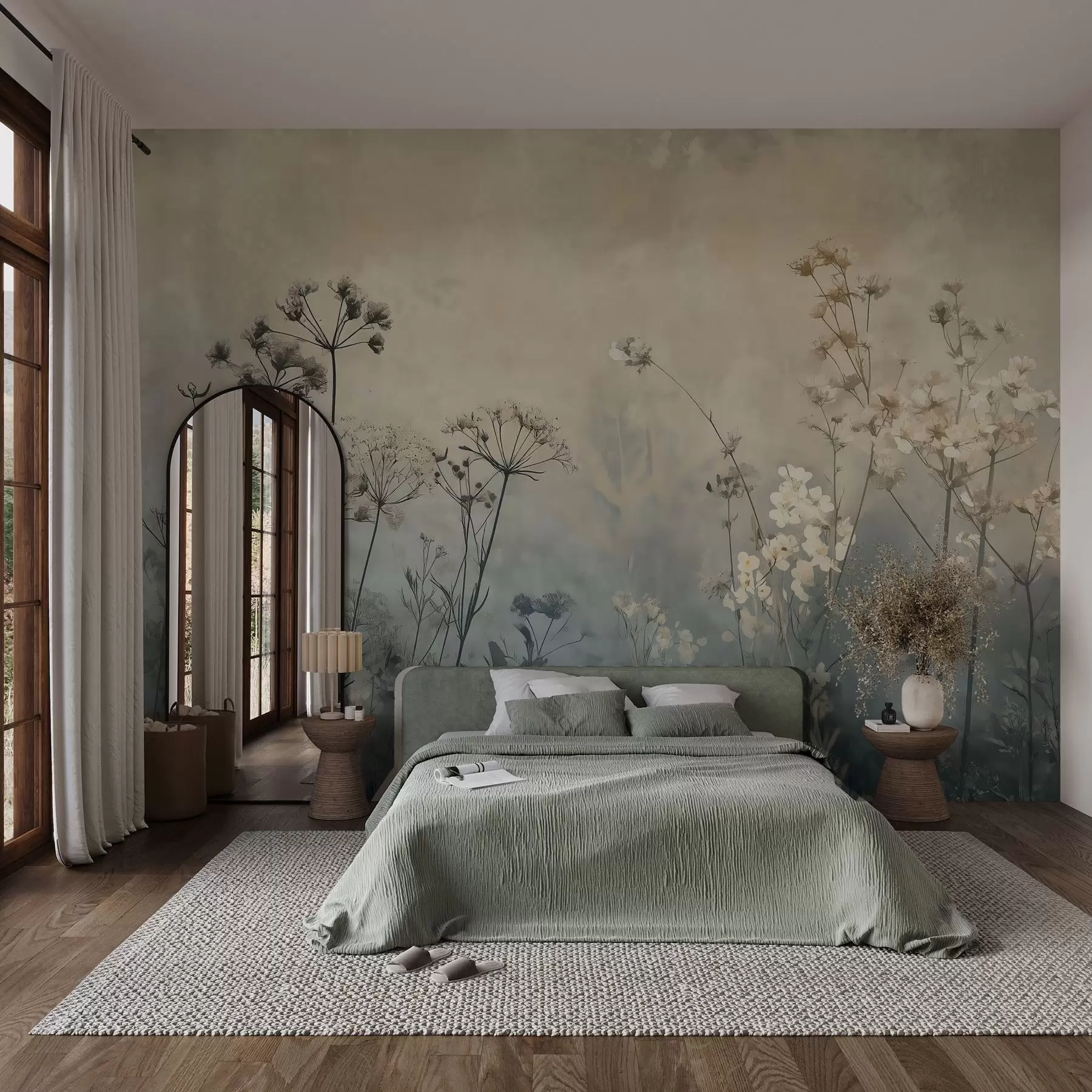 Papier peint papier peint de style écologique avec des fleurs sauvages et des plantes sur un fond texturé w02685