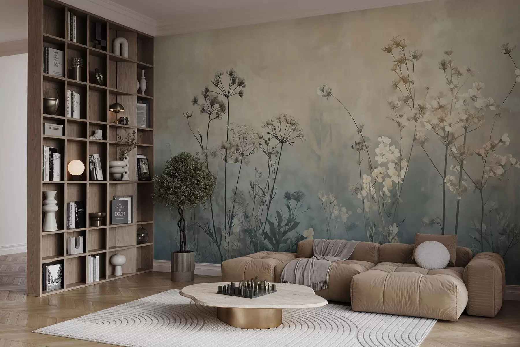 Papier peint papier peint de style écologique avec des fleurs sauvages et des plantes sur un fond texturé w02685