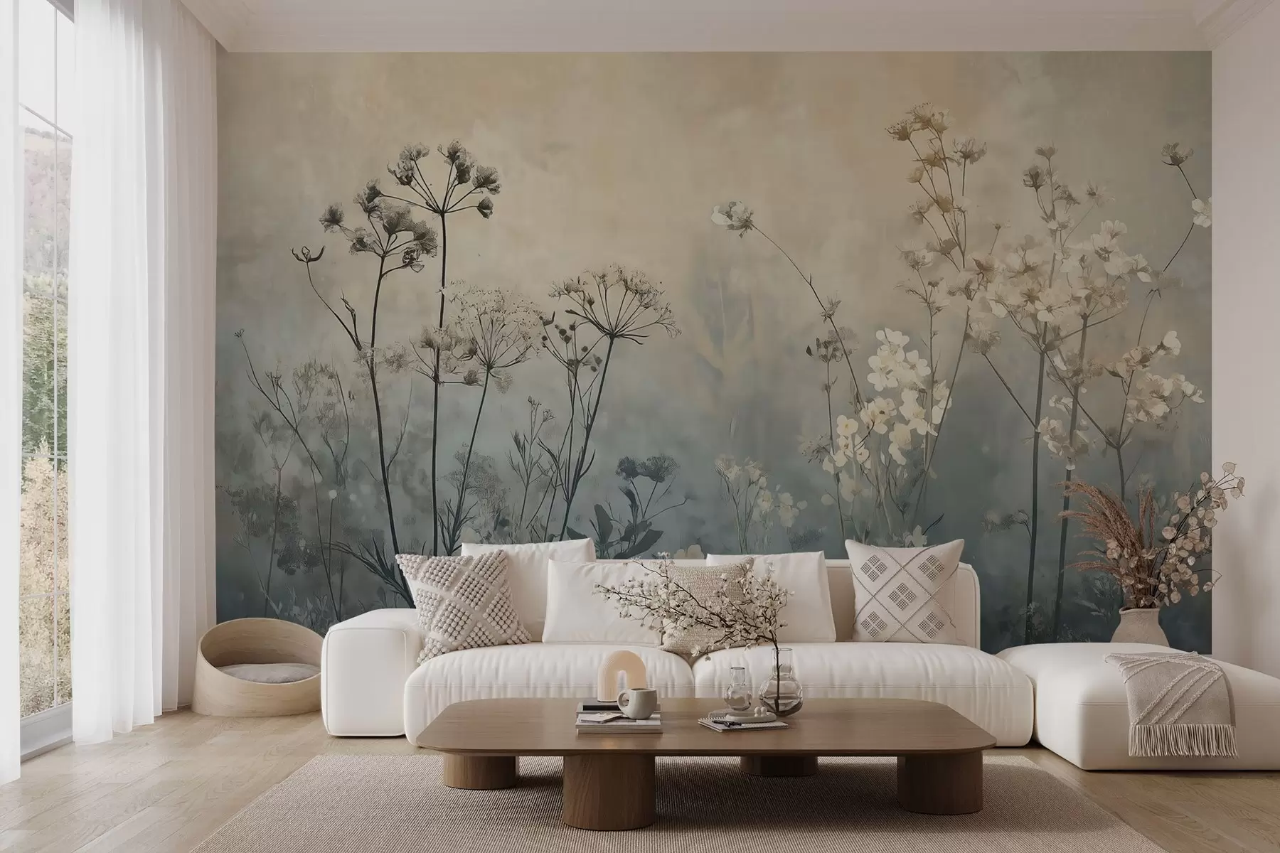 Papier peint papier peint de style écologique avec des fleurs sauvages et des plantes sur un fond texturé w02685