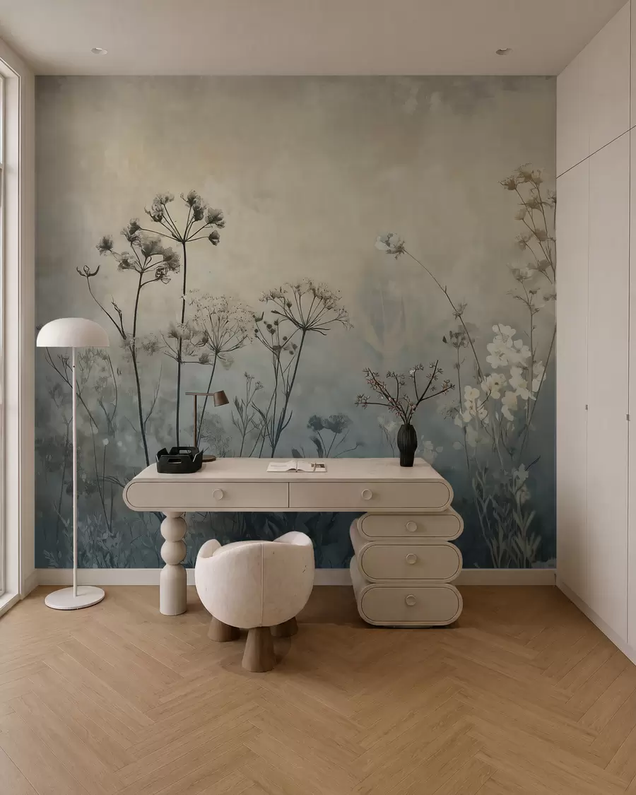 Papier peint papier peint de style écologique avec des fleurs sauvages et des plantes sur un fond texturé w02685