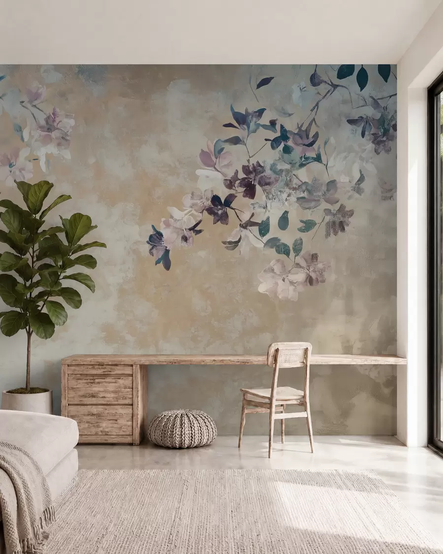Papier peint papier peint de style rétro avec des branches et des fleurs w02686