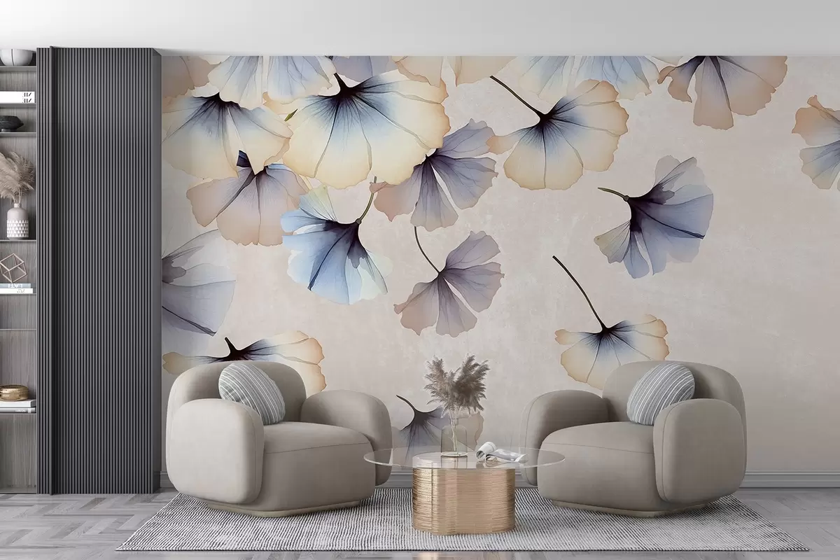 Papier peint Feuilles de ginkgo bleues et beiges aux couleurs pastel avec de délicats pétales flottant dans l'air sur un fond texturé w08578