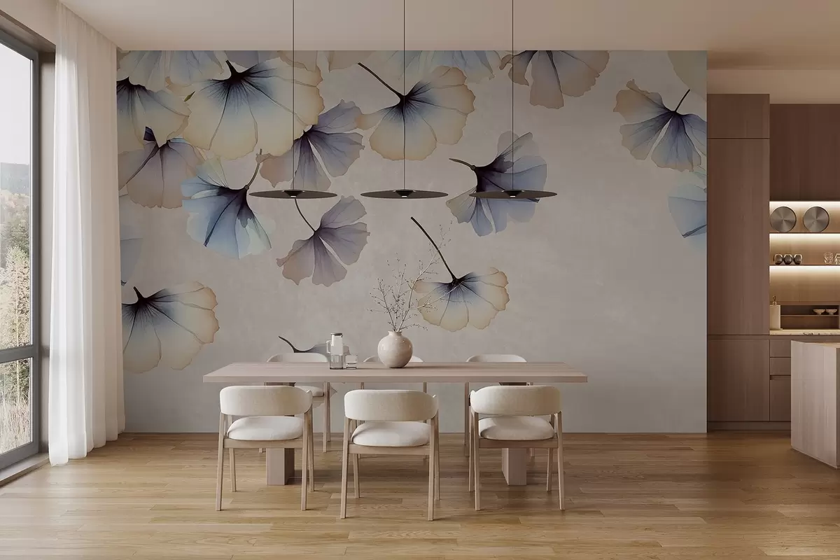 Papier peint Feuilles de ginkgo bleues et beiges aux couleurs pastel avec de délicats pétales flottant dans l'air sur un fond texturé w08578