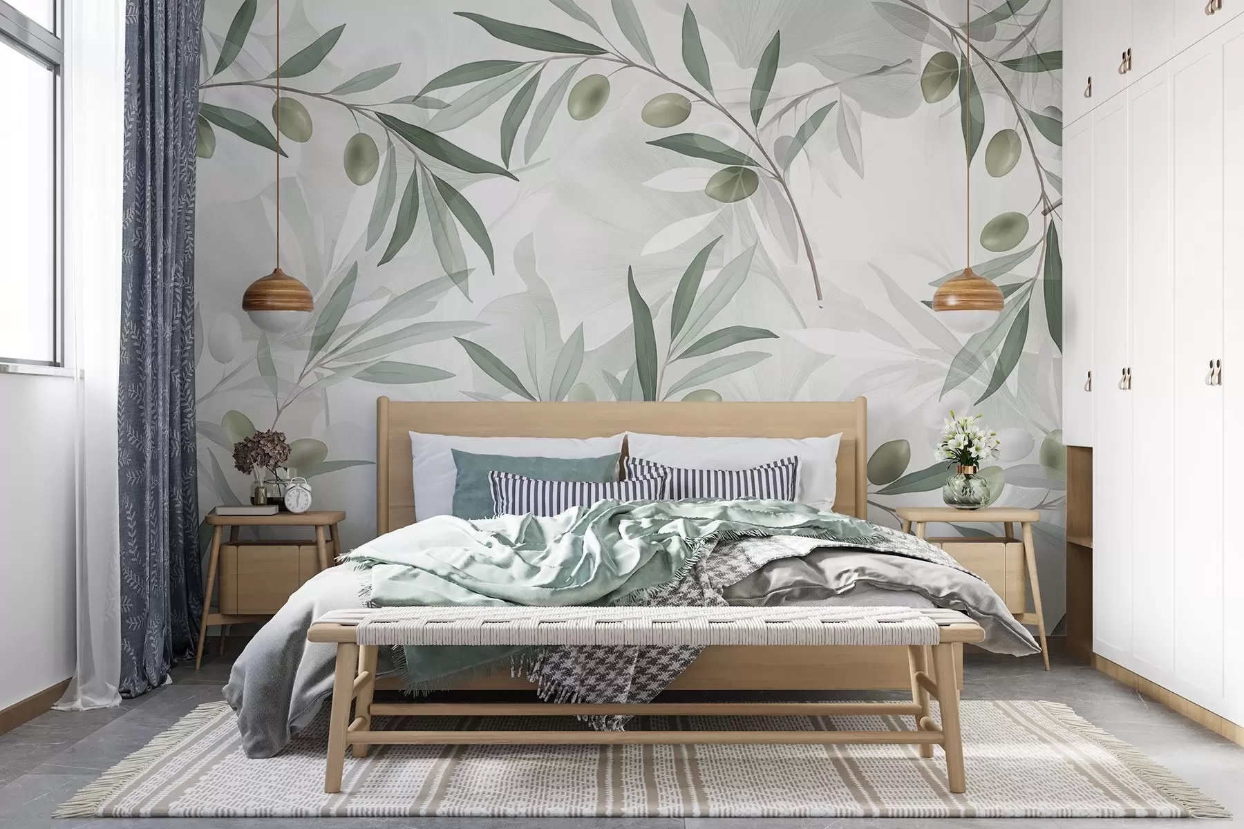 Papier peint Branches d'olivier avec feuilles vertes et olives sur fond clair w08576