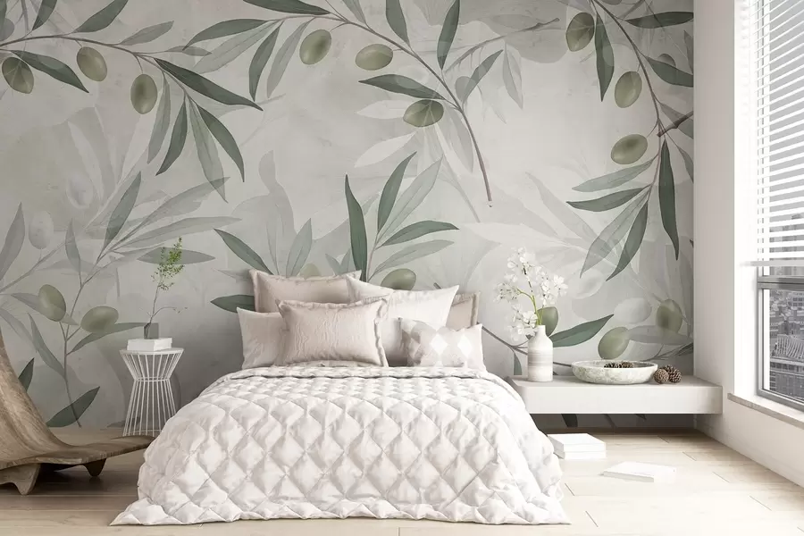 Papier peint Branches d'olivier avec feuilles vertes et olives sur fond clair w08576