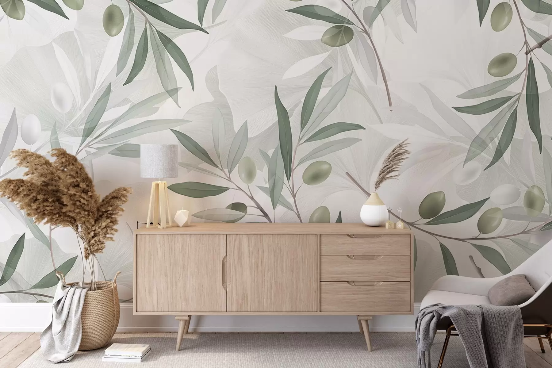 Papier peint Branches d'olivier avec feuilles vertes et olives sur fond clair w08576