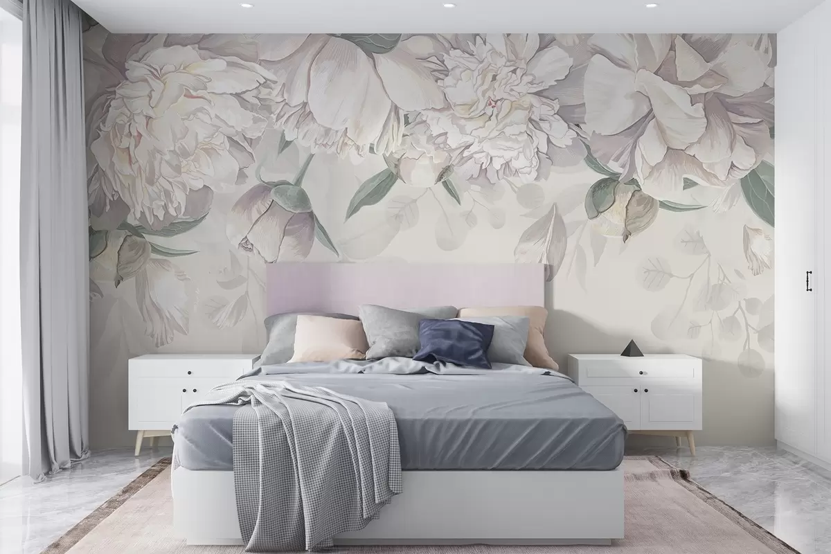Papier peint Délicates pivoines pastel blanches et roses avec des feuilles vertes, disposées sur un fond floral doux et romantique w08577