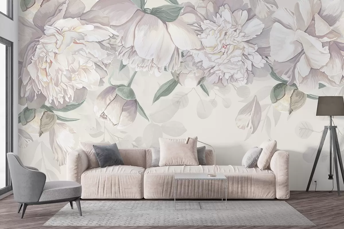 Papier peint Délicates pivoines pastel blanches et roses avec des feuilles vertes, disposées sur un fond floral doux et romantique w08577