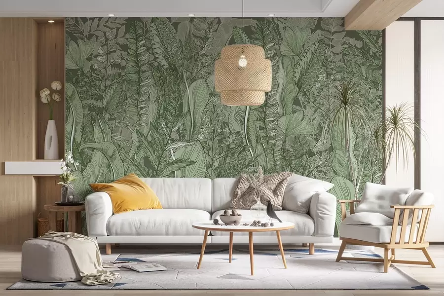 Papier peint Une forêt luxuriante et verdoyante avec différents types de fougères, de feuilles et de feuillages dans les tons verts  w08579