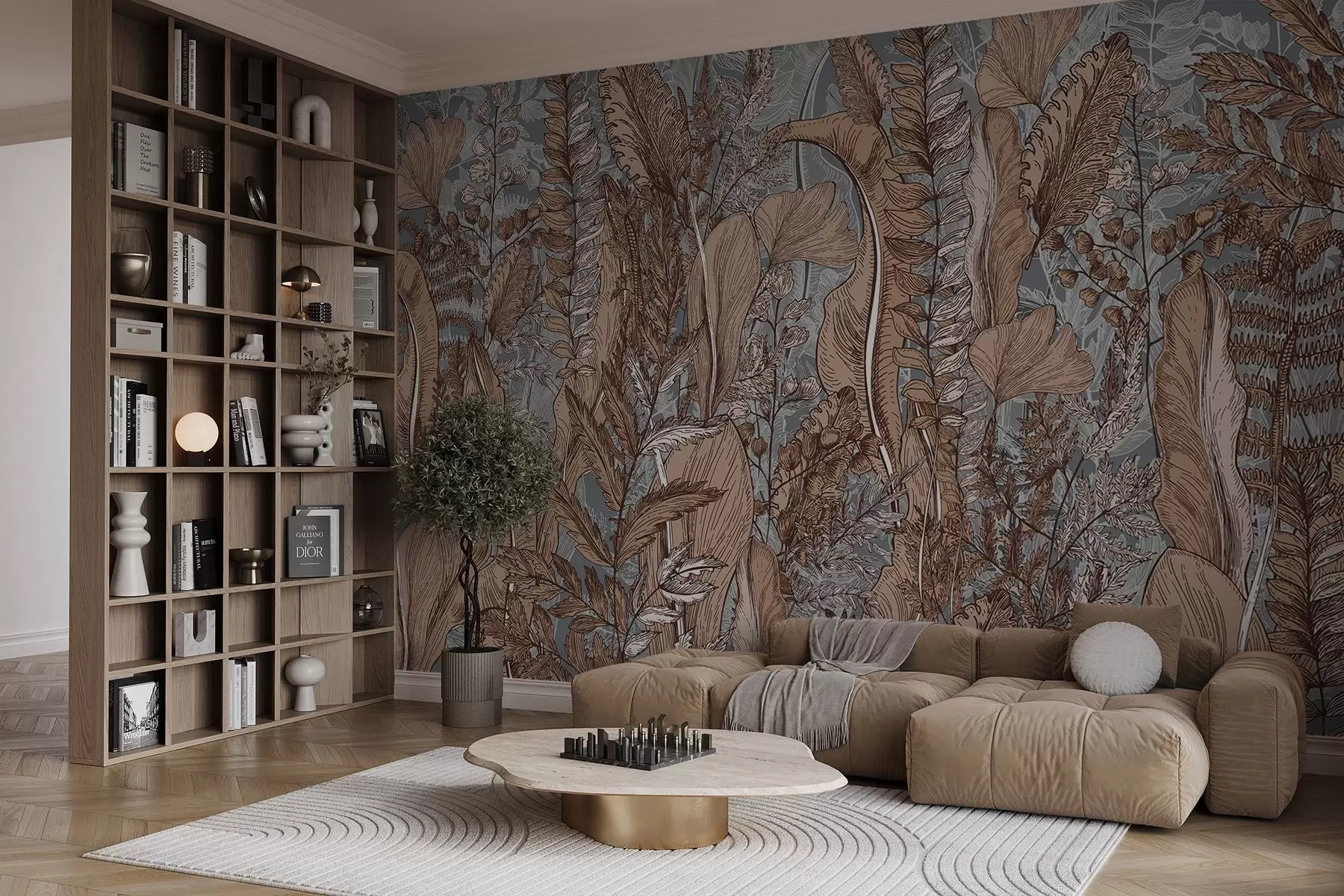 Papier peint Une forêt luxuriante et verdoyante avec différents types de fougères, de feuilles et de feuillages dans les tons bruns, bleus et gris w08579v1