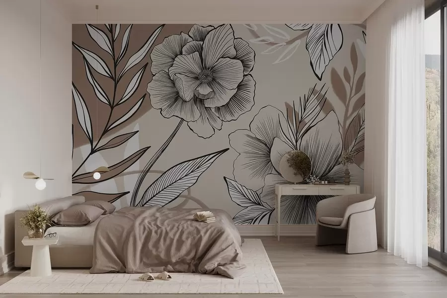 Papier peint Grandes fleurs graphiques en noir et blanc avec des feuilles détaillées sur un fond abstrait beige w08580