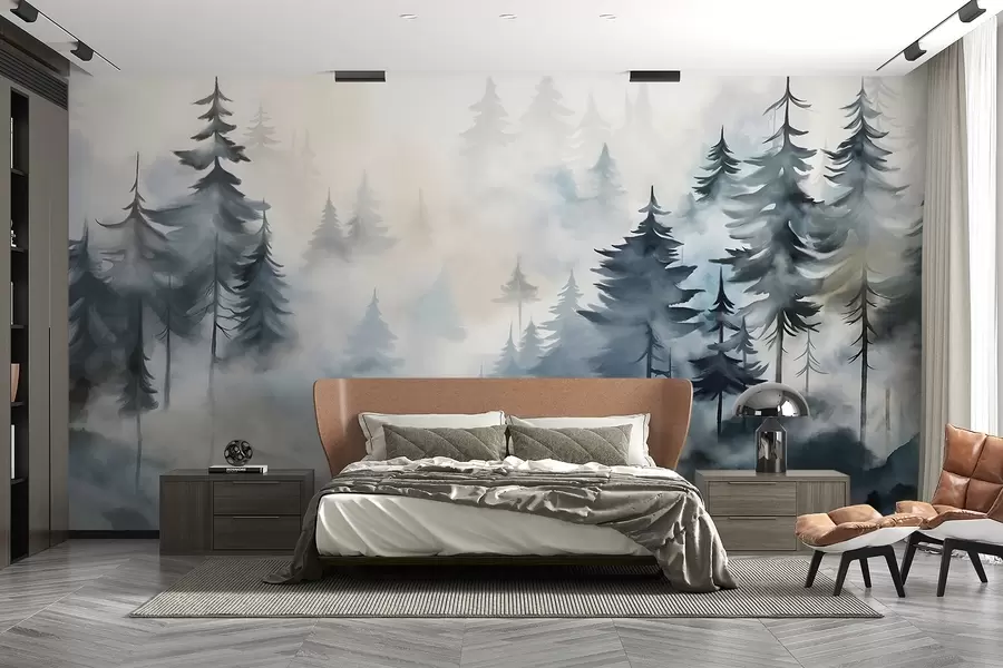 Papier peint Paysage forestier brumeux avec de grands pins sur fond de brouillard en style aquarelle w08584