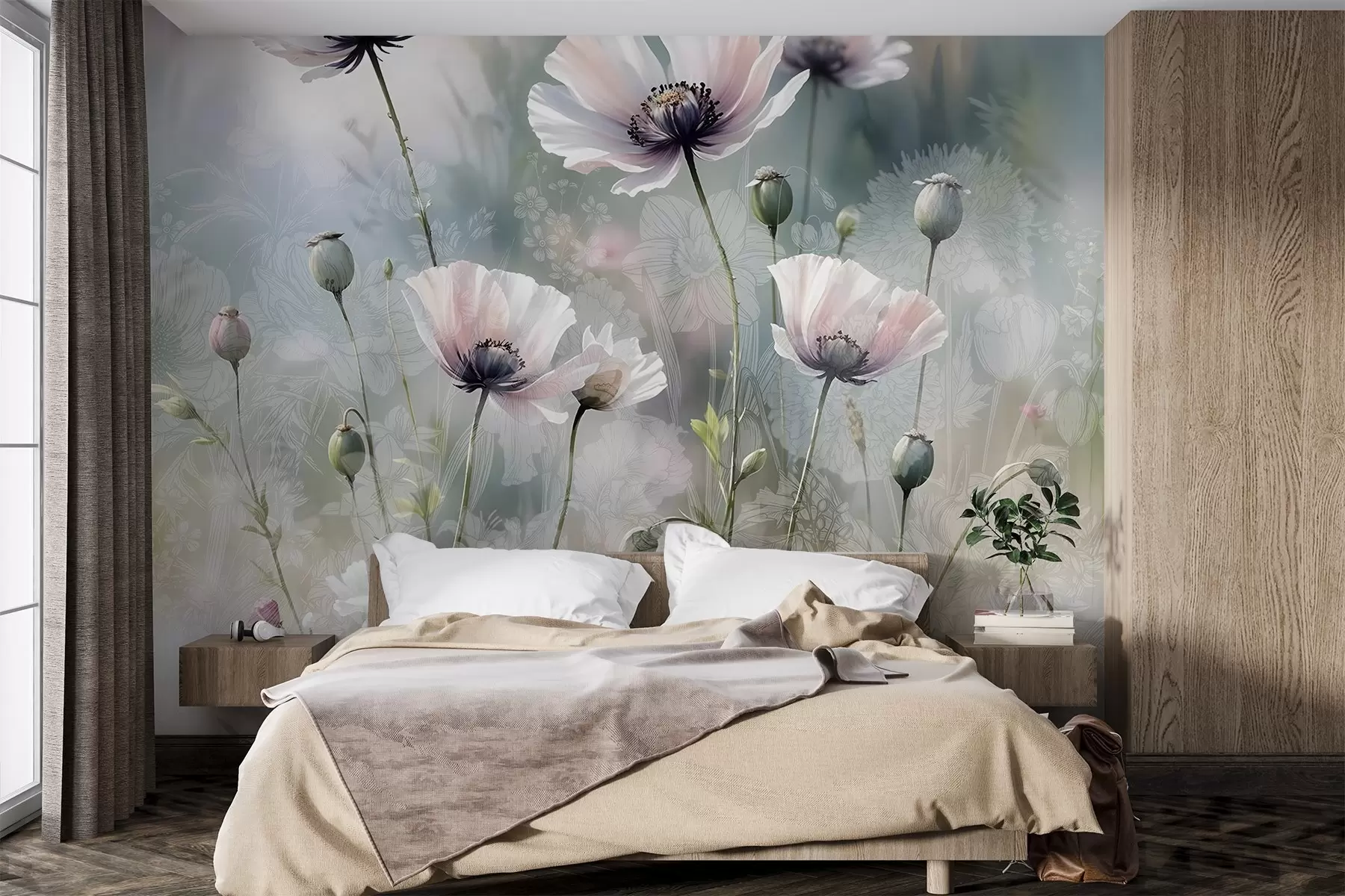 Papier peint Délicats coquelicots roses et violets avec des tiges et des bourgeons verts sur un fond texturé doux et flou w08585