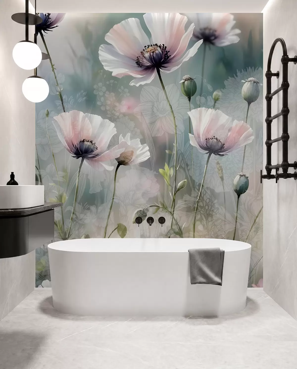 Papier peint Délicats coquelicots roses et violets avec des tiges et des bourgeons verts sur un fond texturé doux et flou w08585