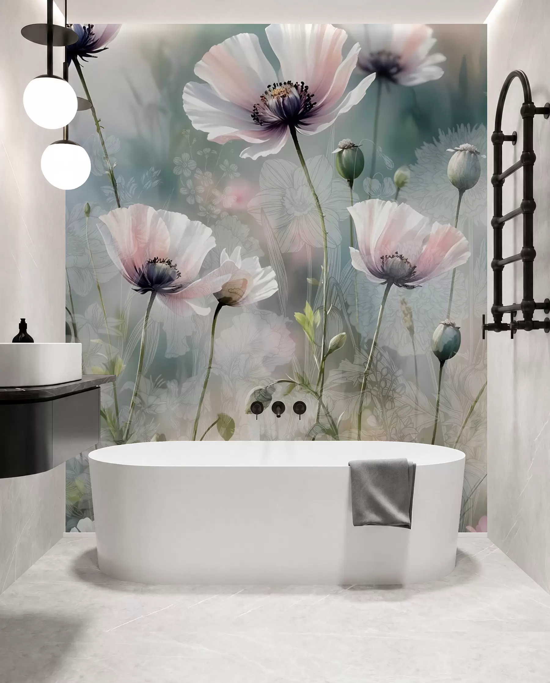 Papier peint Délicats coquelicots roses et violets avec des tiges et des bourgeons verts sur un fond texturé doux et flou w08585