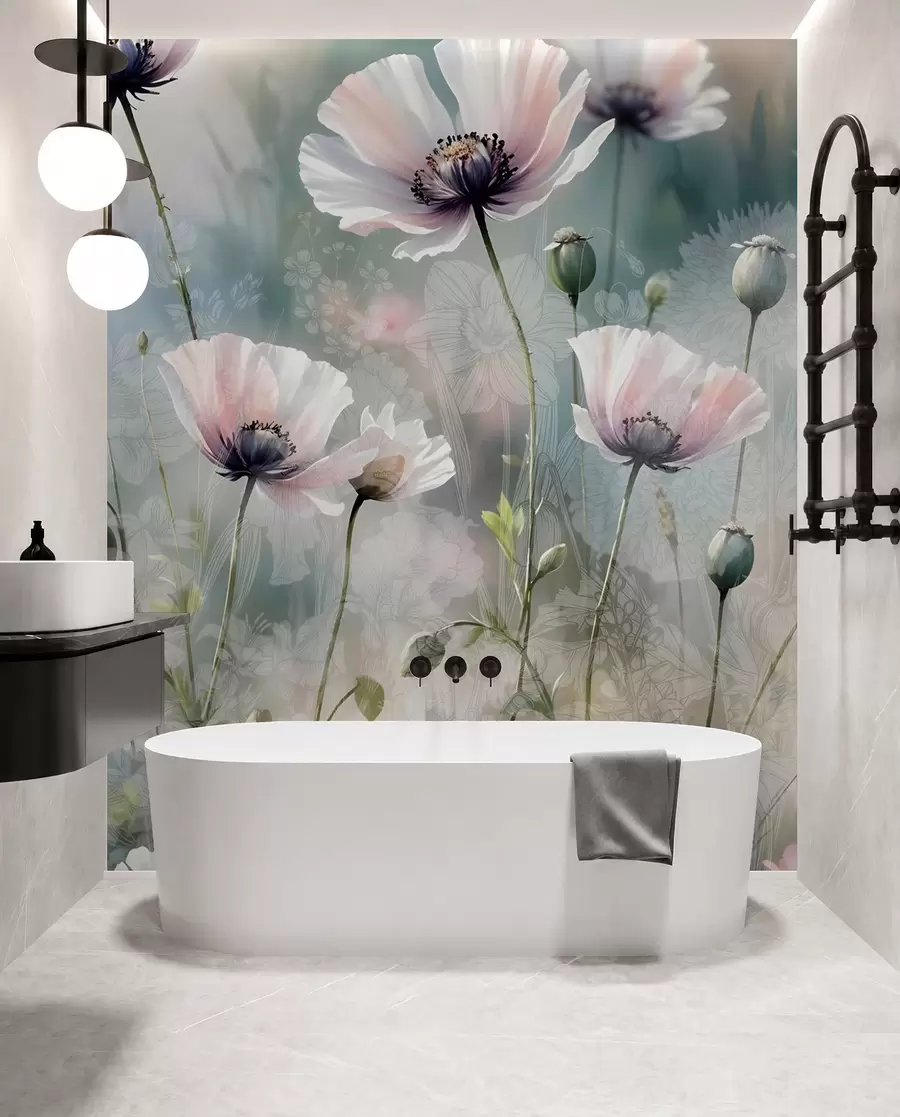 Papier peint Délicats coquelicots roses et violets avec des tiges et des bourgeons verts sur un fond texturé doux et flou w08585