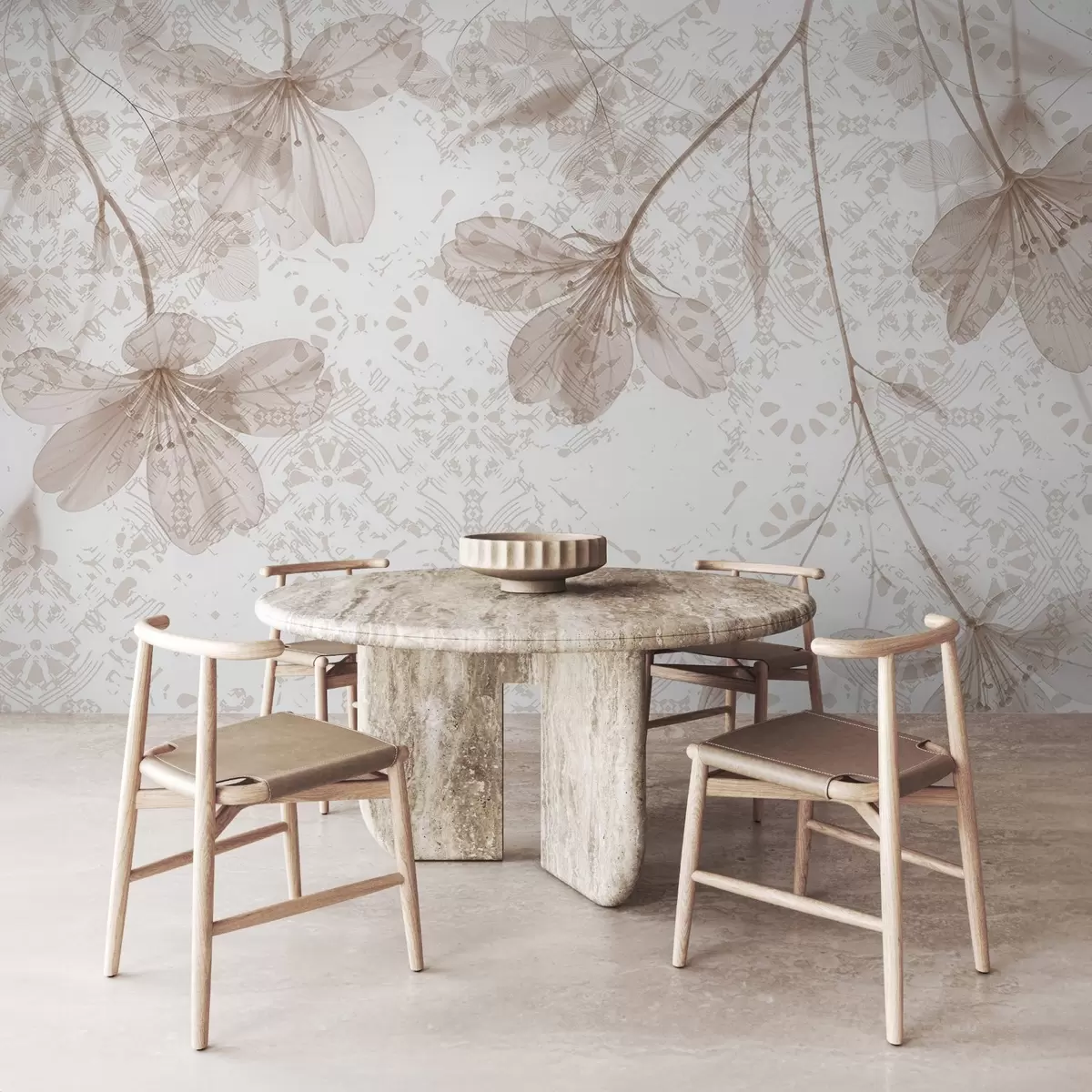 Papier peint Fleurs délicates de couleur beige et blanche avec de longues tiges et des pétales sur un fond texturé doux et flou w08588v1