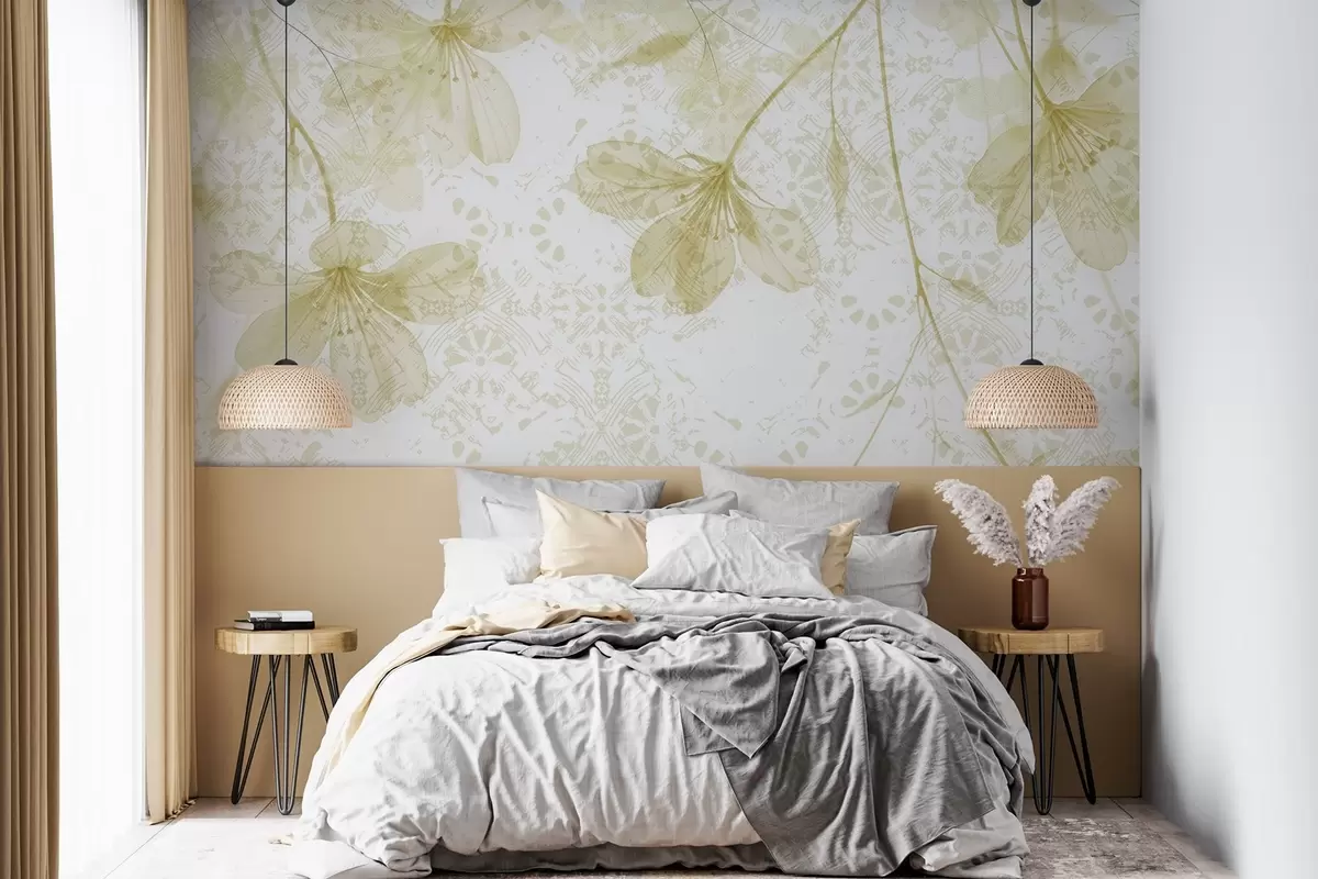 Papier peint Fleurs jaunes et blanches délicates avec de longues tiges et des pétales sur un fond texturé doux et flou w08588v2