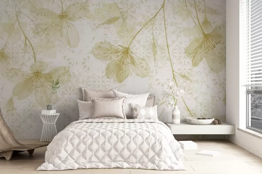 Papier peint Fleurs jaunes et blanches délicates avec de longues tiges et des pétales sur un fond texturé doux et flou w08588v2