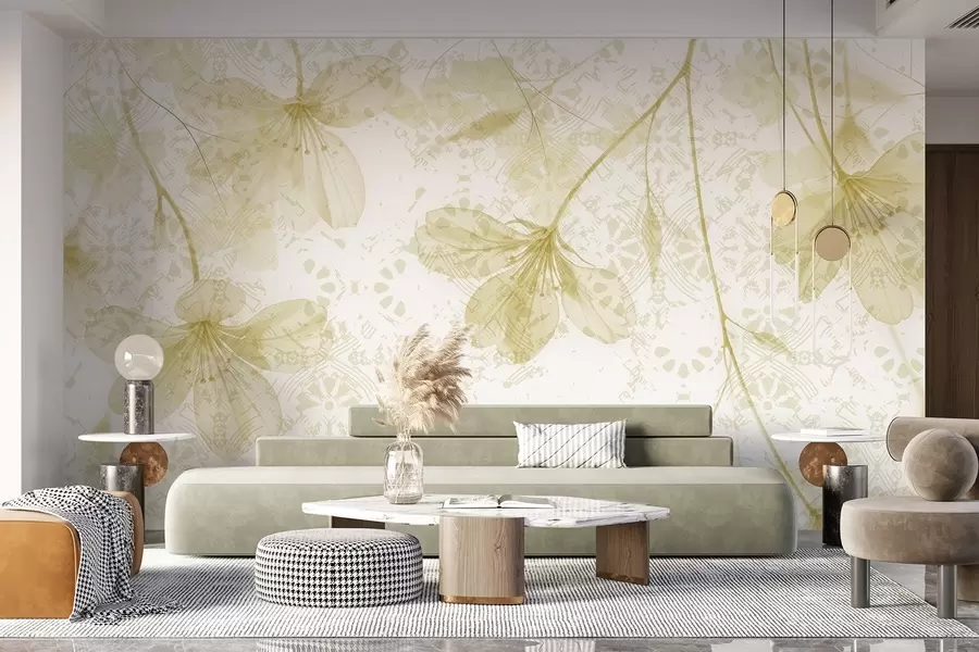 Papier peint Fleurs jaunes et blanches délicates avec de longues tiges et des pétales sur un fond texturé doux et flou w08588v2