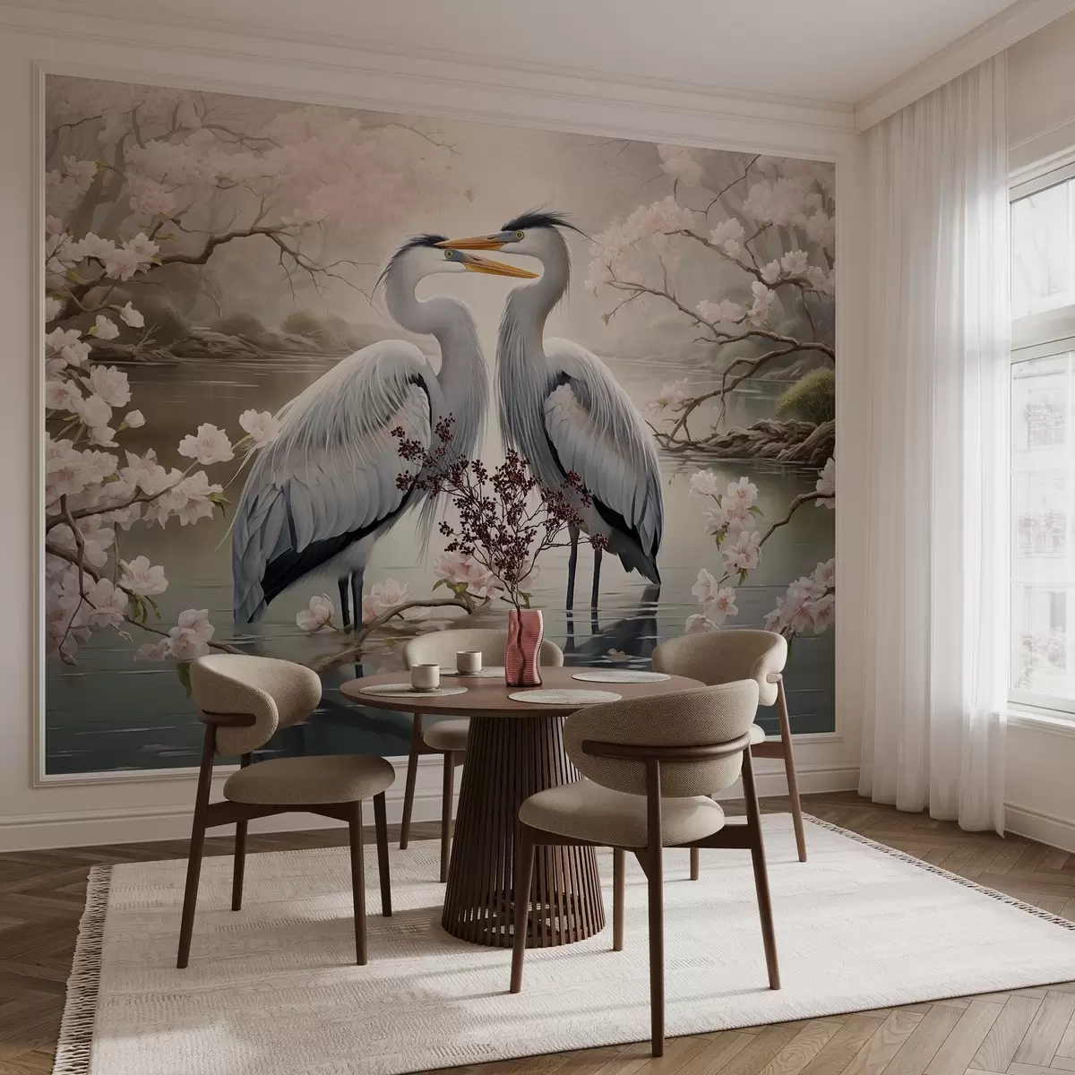 Papier peint Un couple de cigognes dans un jardin fleuri w02621