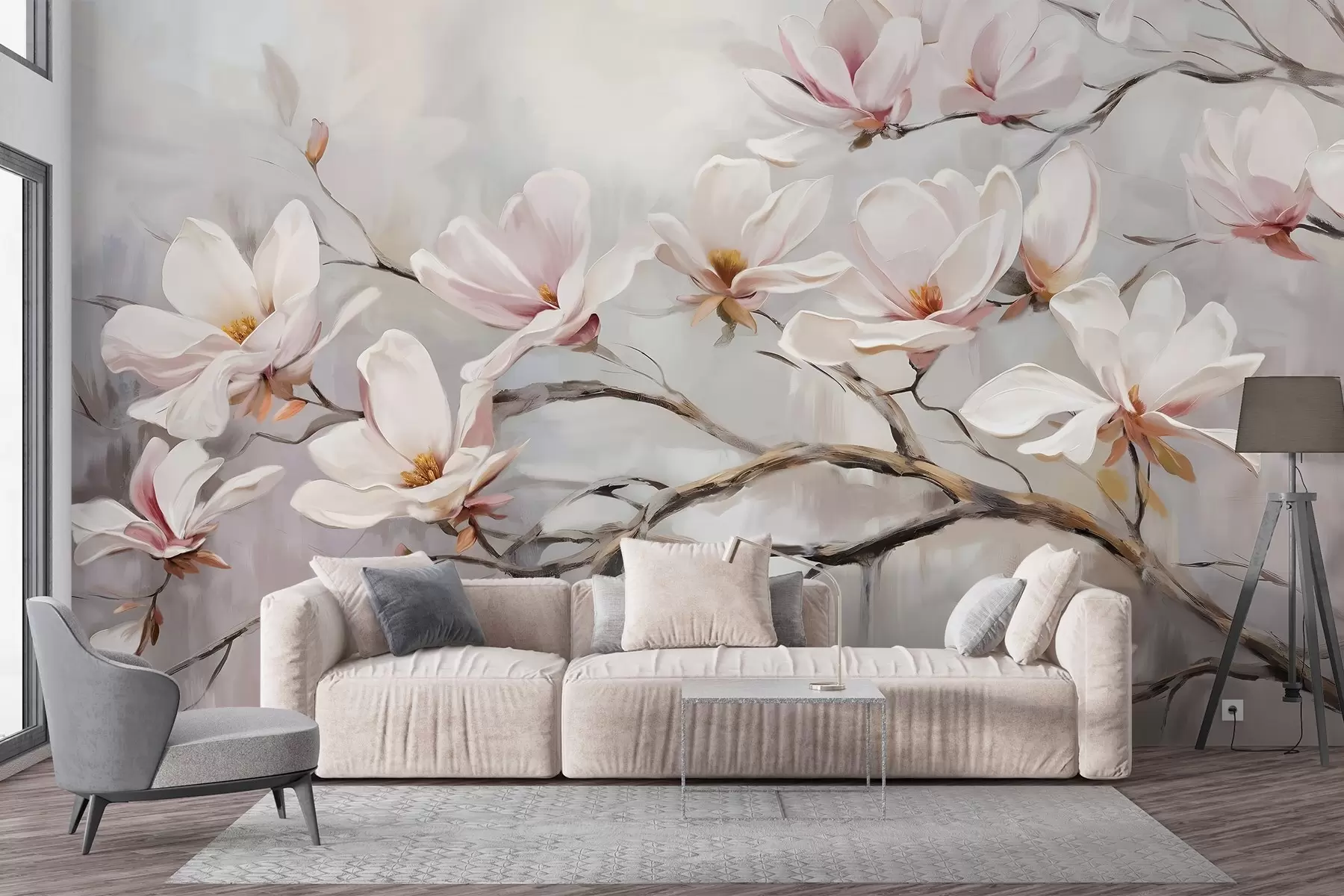 Papier peint Délicates fleurs de magnolia rose s'épanouissant sur des branches d'arbres dénudées sur un fond doux et brumeux w08589