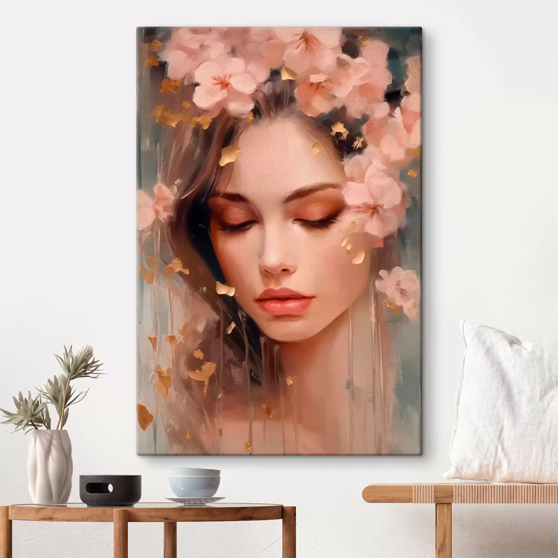 Tableau Visage de fille et fleurs s42300