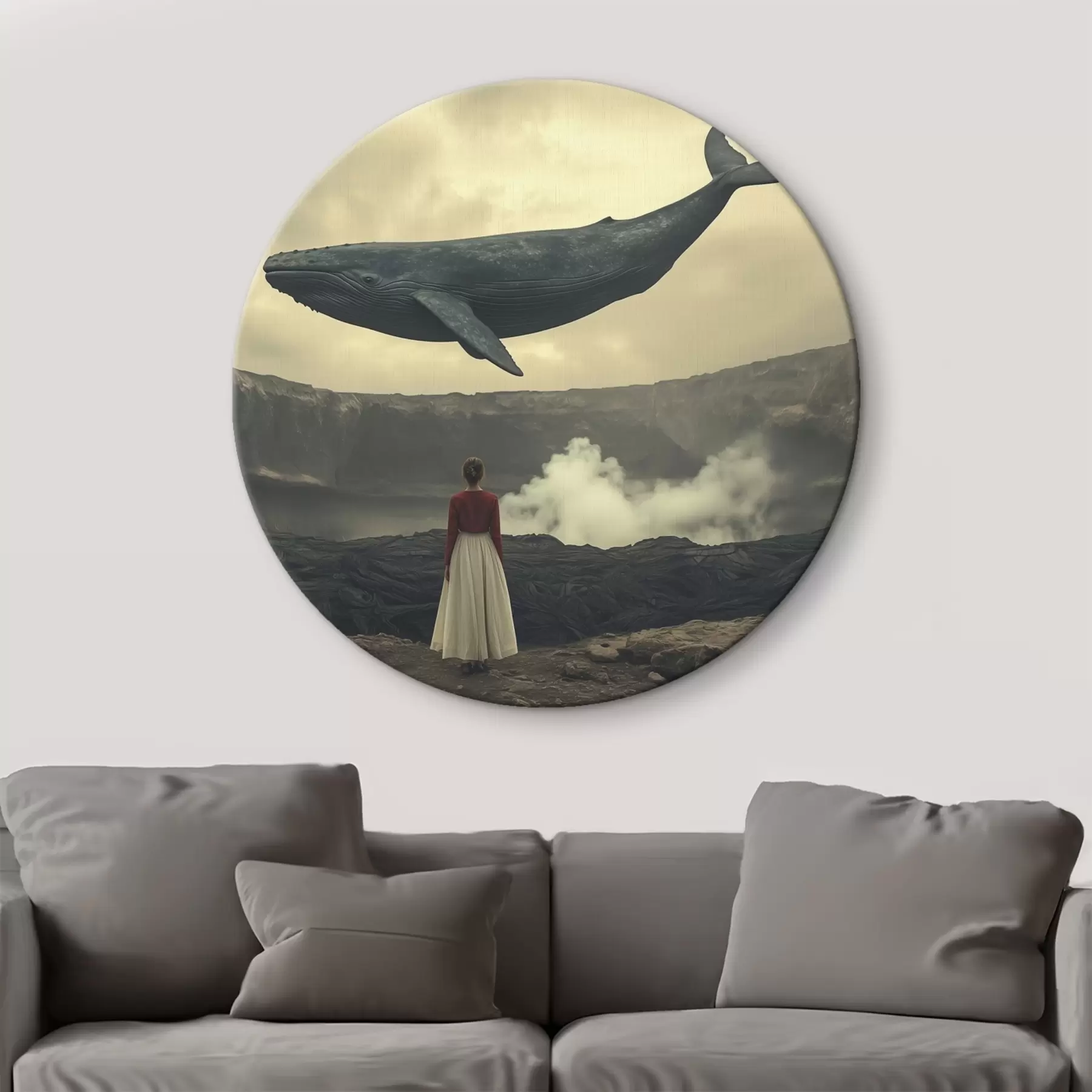Tableau Fille sur la lave avec une grande baleine volante dans le ciel r40986