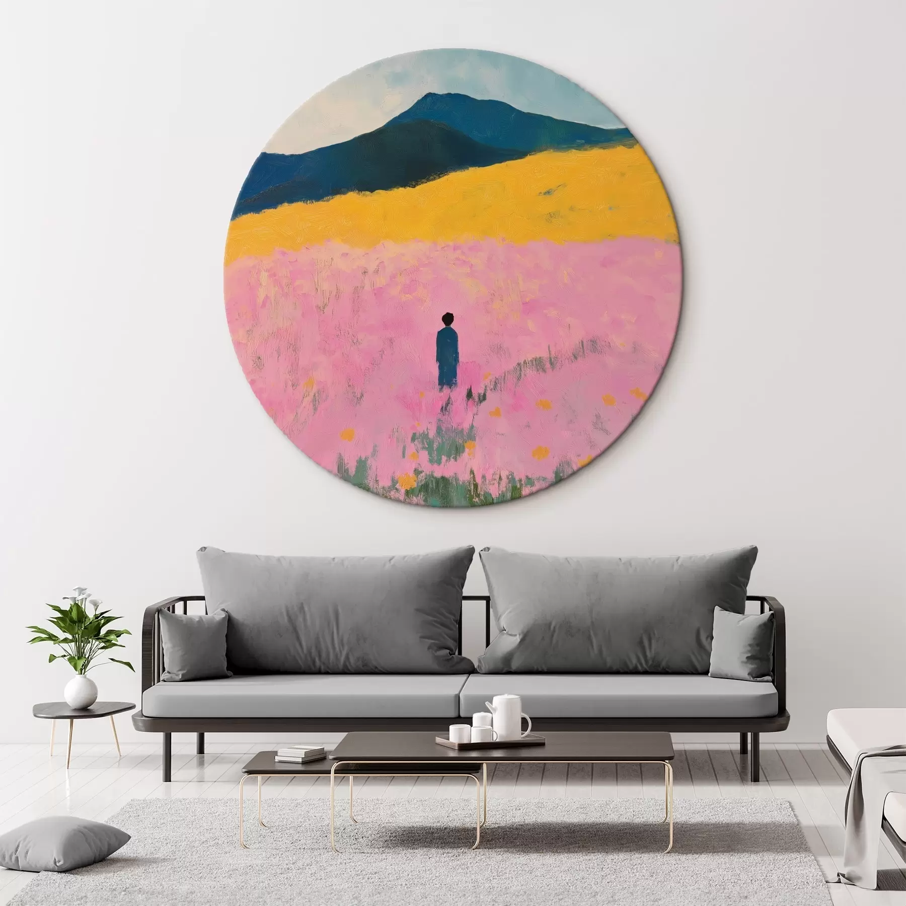 Tableau Homme dans un champ de fleurs roses r41164