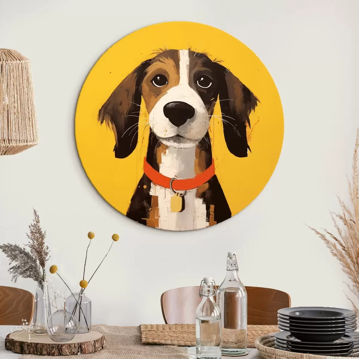 Tableaux rondes Portrait d'un chien sur fond jaune r41232