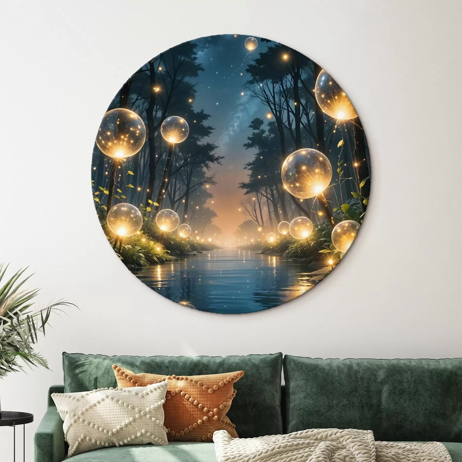Tableau Forêt magique de nuit avec des orbes jaunes et des lucioles flottant entre les arbres, créant une atmosphère fantaisiste r41259