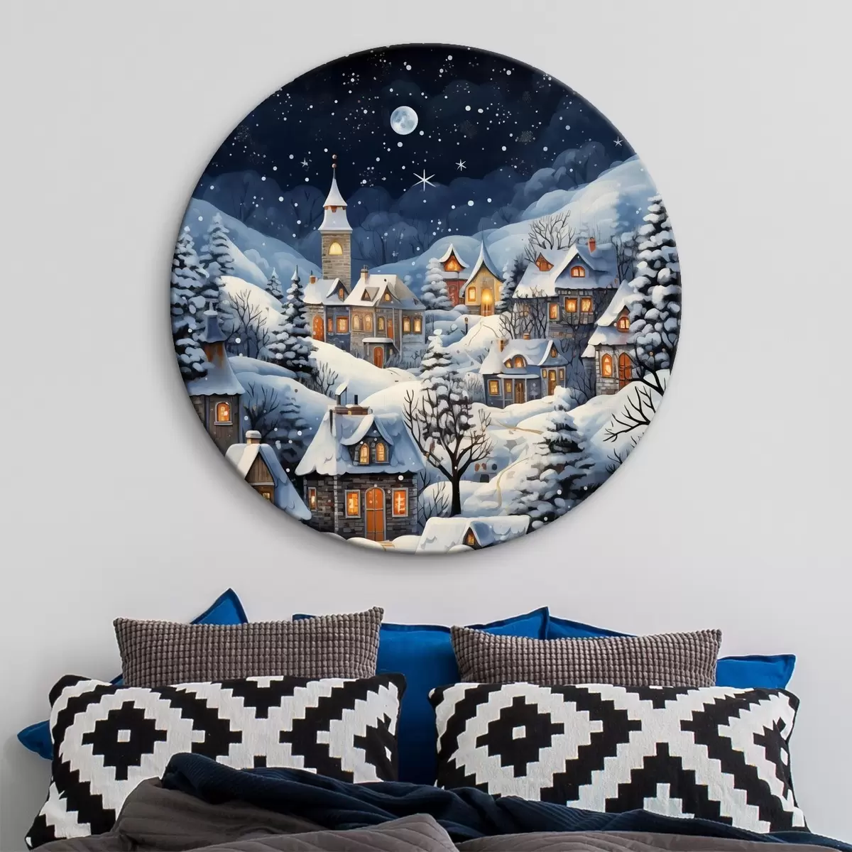 Tableaux rondes Paysage d'hiver avec maisons de campagne enneigées sur fond de ciel nocturne étoilé r41275