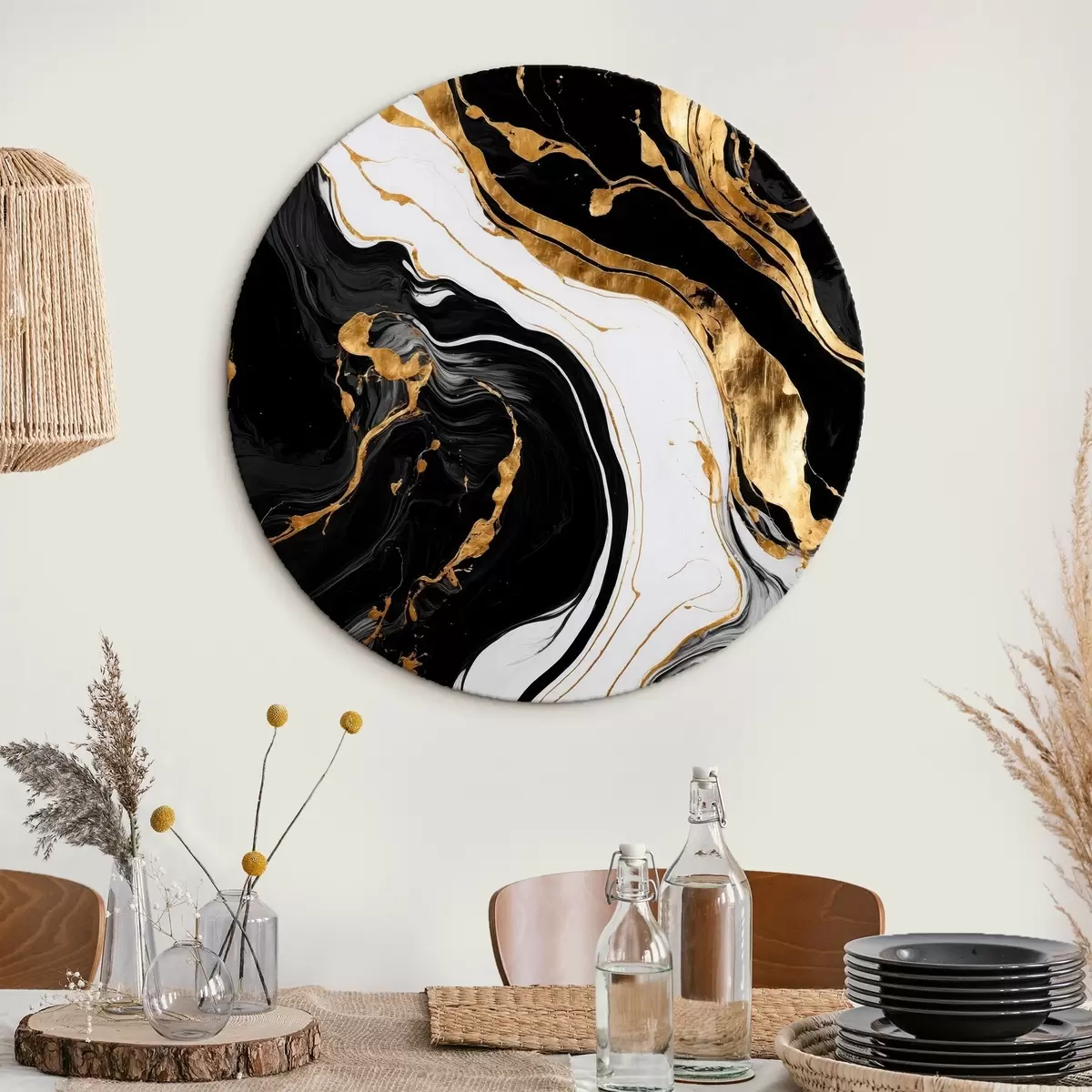 Tableaux rondes Image abstraite en noir et blanc avec des taches jaunes r41292